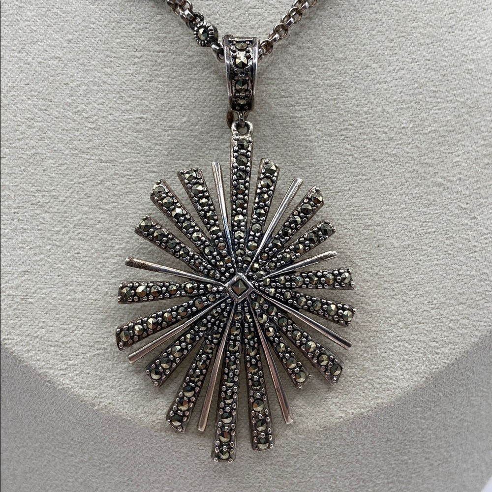 Vintage Suspicion Marcasite Sterling Silver 925 Sunburst Pendant Necklace 18”L - Picture 5 of 10